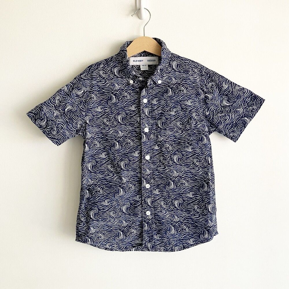 Old Navy Built In Flex Wave Shirt Boys Sz 6-7 Navy Blue Short Sleeve Button Down